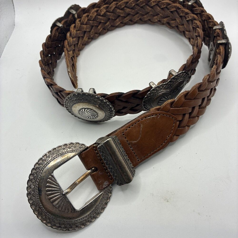 Brighton Vintage Braided Leather Belt Heart Sunburst Concho Western Large 1991